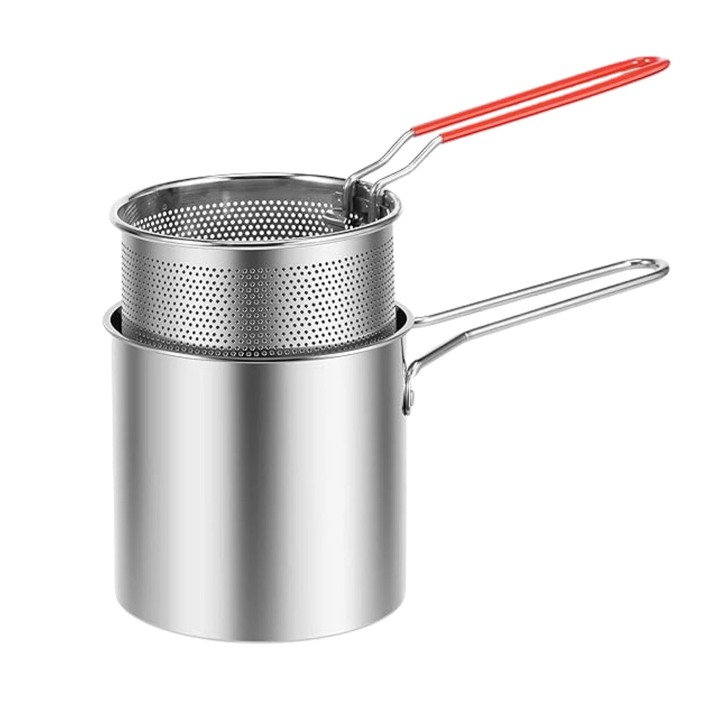 Small Deep Frying Pot with Strainer Basket | 1200ml Oil Fryer Pan | 2-Piece Kitchen Frying Set