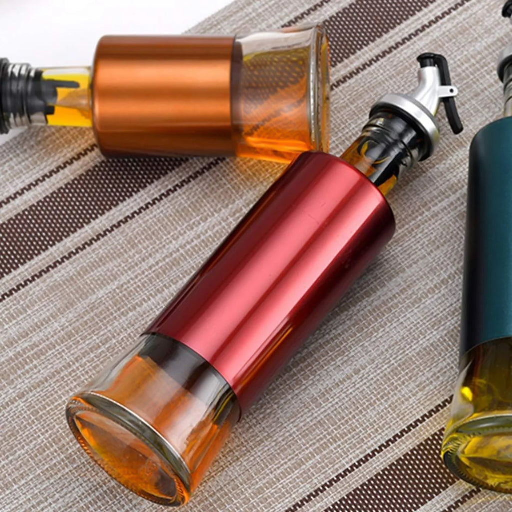 Glass Oil Dispenser Bottle with Plastic Cover | 300ml Oil & Vinegar Pourer | Leak-Proof Kitchen Cooking Bottle