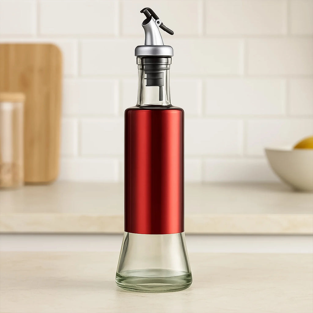 Glass Oil Dispenser Bottle with Plastic Cover | 300ml Oil & Vinegar Pourer | Leak-Proof Kitchen Cooking Bottle