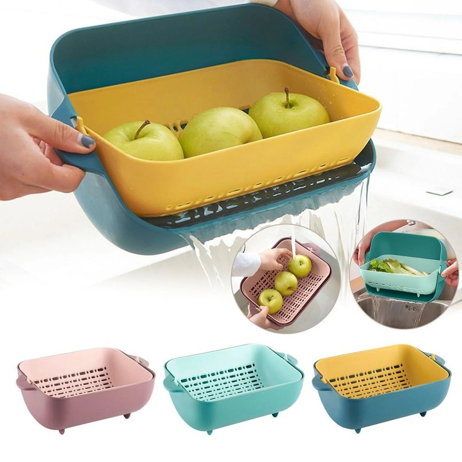 Multifunctional BPA-Free Double Layer Rotatable Plastic Strainer | Vegetable & Fruit Washing Basket (Multicolor)